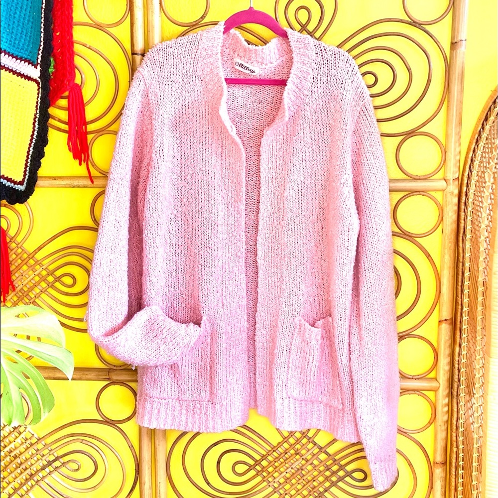 Bubblegum Pink 70s Chunky slub knit vintage cardigan sweater